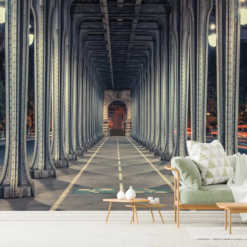 Fototapeta symetryczny korytarz stalowego mostu nocą