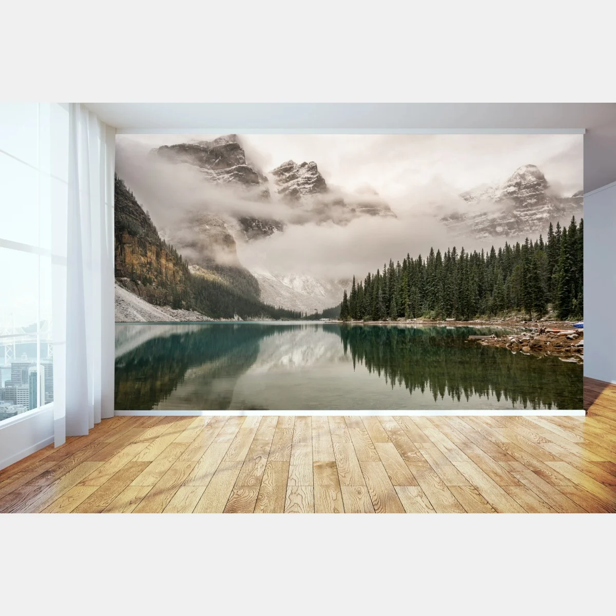 Fototapeta mglista górska tafla jeziora – Wallissimo® Fototapeta mglista górska tafla jeziora – Wallissimo®