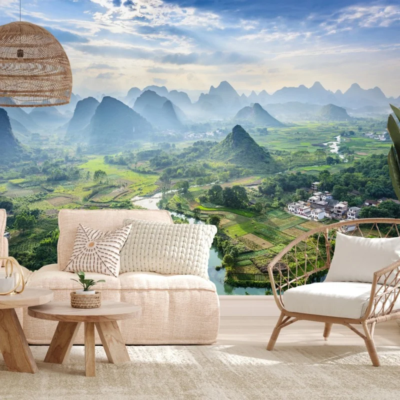 Fototapeta mglista dolina górska z karstowymi szczytami o świcie