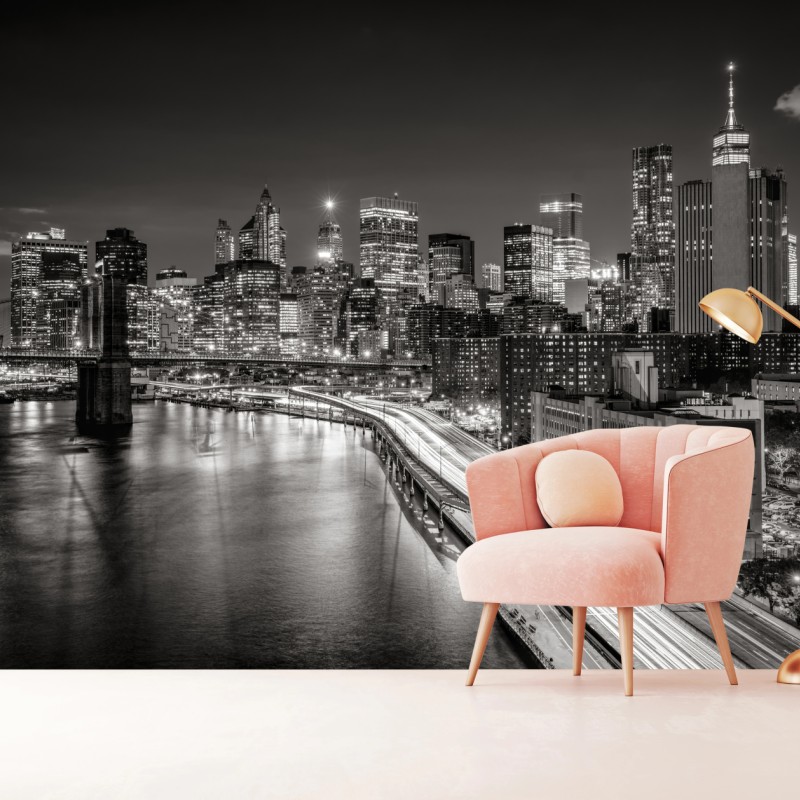 Fototapeta czarno-biała panorama miasta nocą