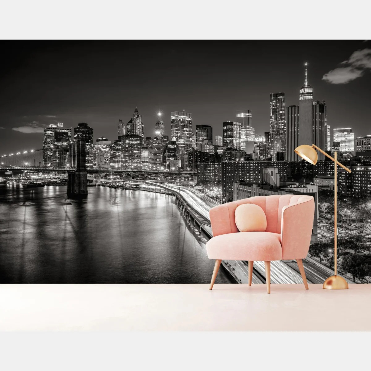 Fototapeta czarno-biała panorama miasta nocą – Wallissimo® Fototapeta czarno-biała panorama miasta nocą – Wallissimo®