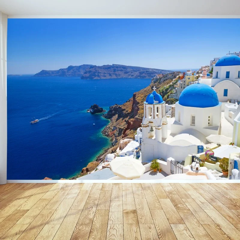 Fototapeta Santorini błękitne kopuły nad kalderą