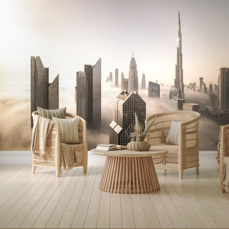 Fototapeta mglista panorama Dubaju nad chmurami – Wallissimo® Fototapeta mglista panorama Dubaju nad chmurami – Wallissimo®