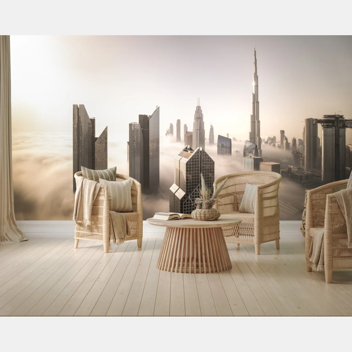 Fototapeta mglista panorama Dubaju nad chmurami – Wallissimo® Fototapeta mglista panorama Dubaju nad chmurami – Wallissimo®