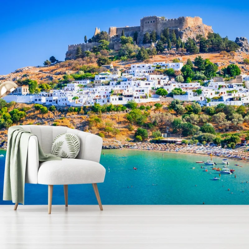 Fototapeta Lindos: akropol nad białą wioską, Rodos