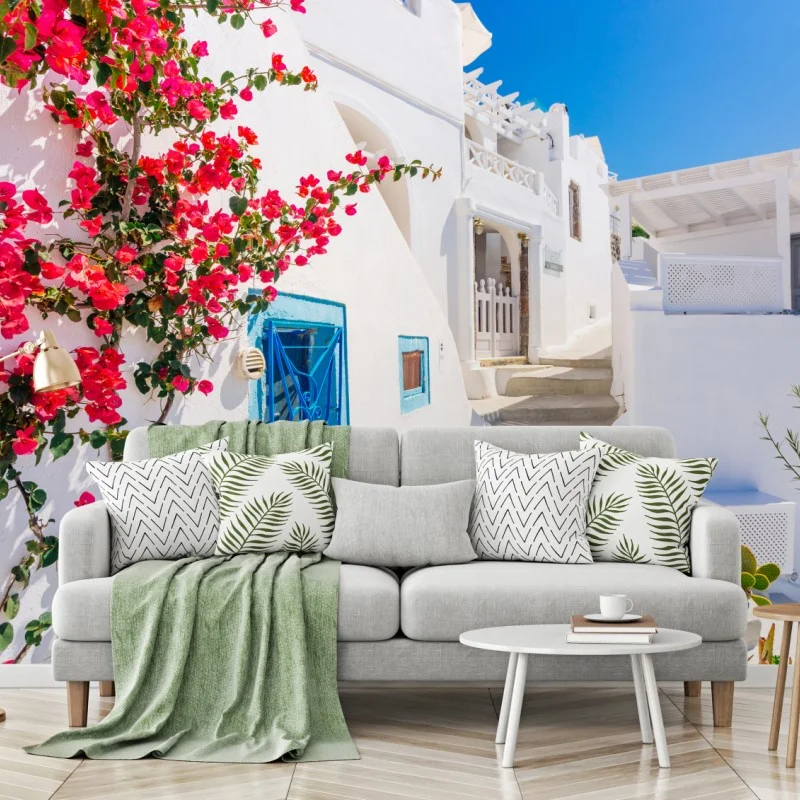 Fototapeta Santorini biała uliczka z bugenwillą