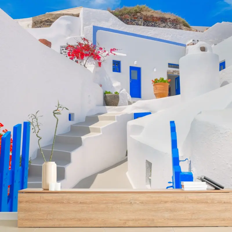 Fototapeta Santorini białe domy z niebieskimi akcentami
