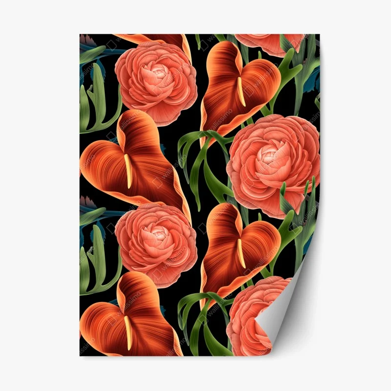 Naklejka repozycjonowalna intensywny koralowy wzór kwiatowy na czarnym tle
