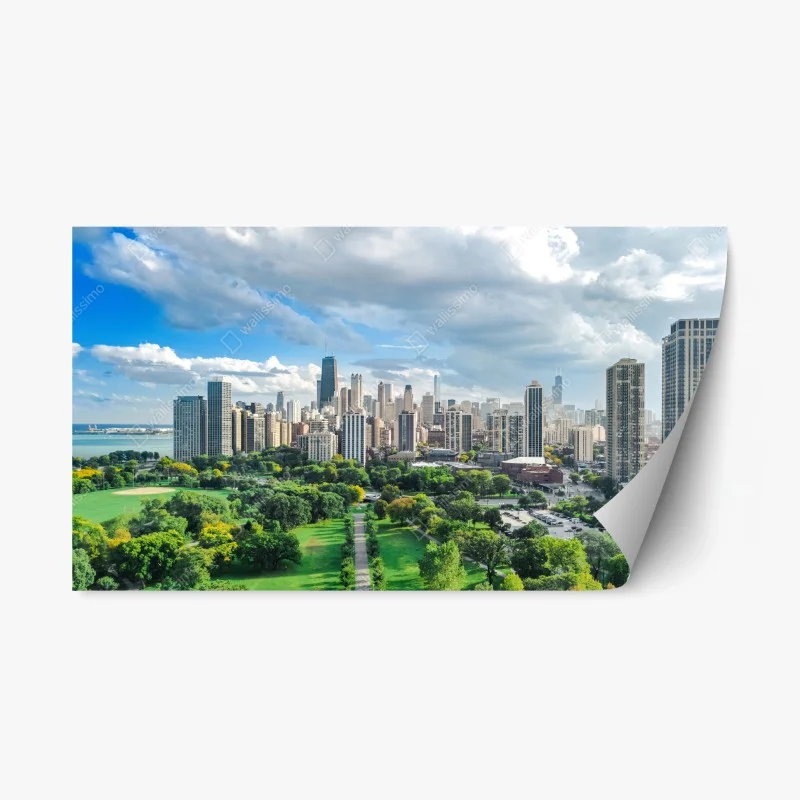 Naklejka repozycjonowalna miejska panorama nad zielonym parkiem