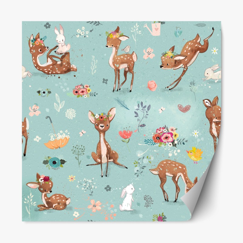 Naklejka repozycjonowalna pastelowy wzór leśnych sarenek i królików