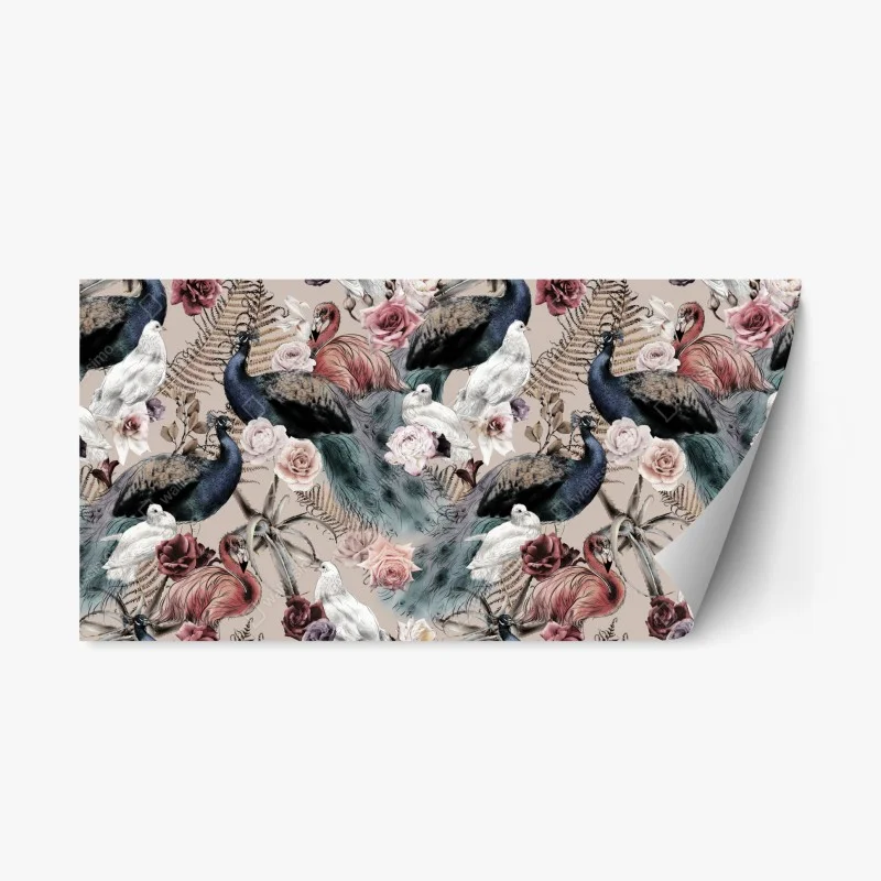 Naklejka repozycjonowalna akwarelowy wzór z ptakami i różami