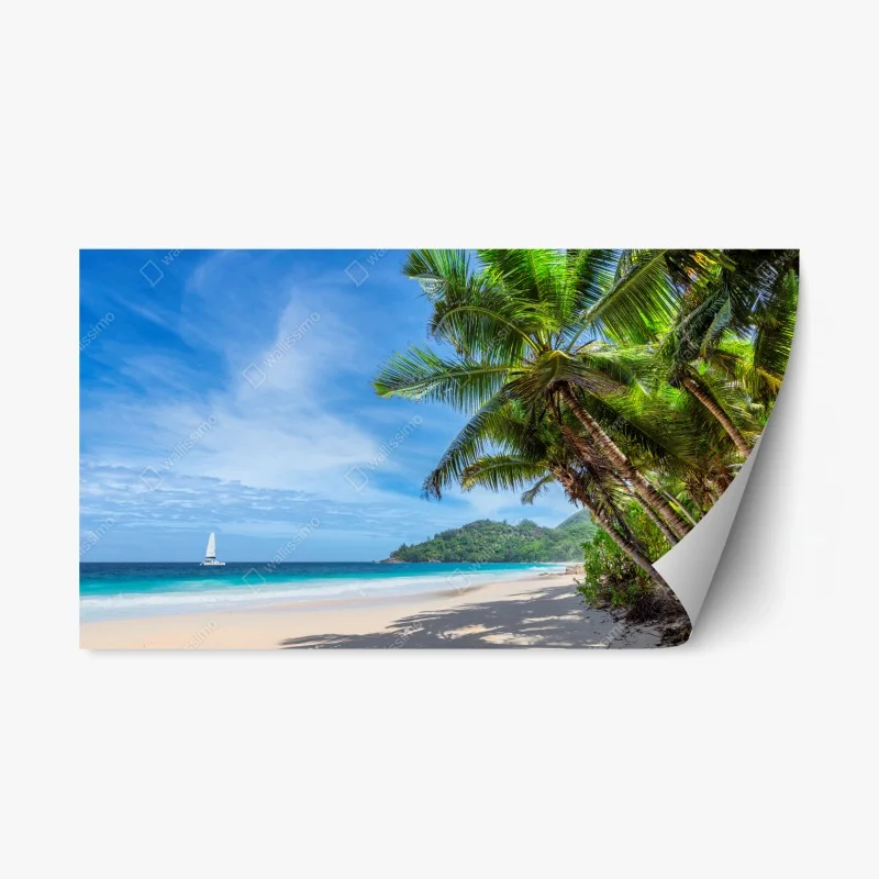 Naklejka repozycjonowalna tropikalna plaża z palmami i żaglówką
