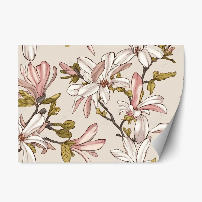 Naklejka repozycjonowalna pastelowe magnolie na beżowym tle