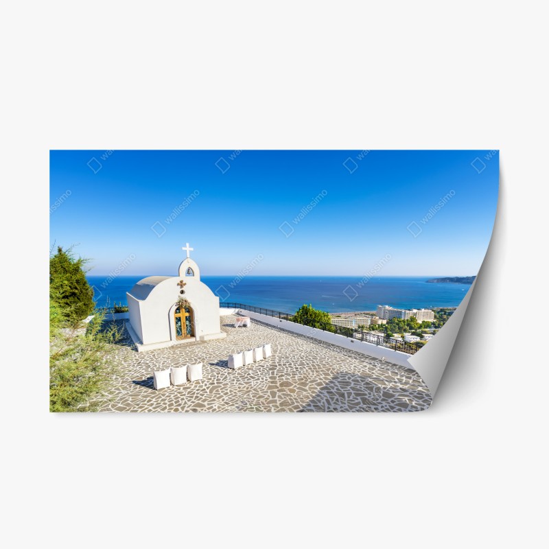 Naklejka repozycjonowalna biała kaplica z widokiem na morze w Faliraki