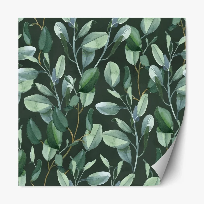 Naklejka repozycjonowalna wzór akwarelowy z liśćmi eukaliptusa na ciemnozielonym tle