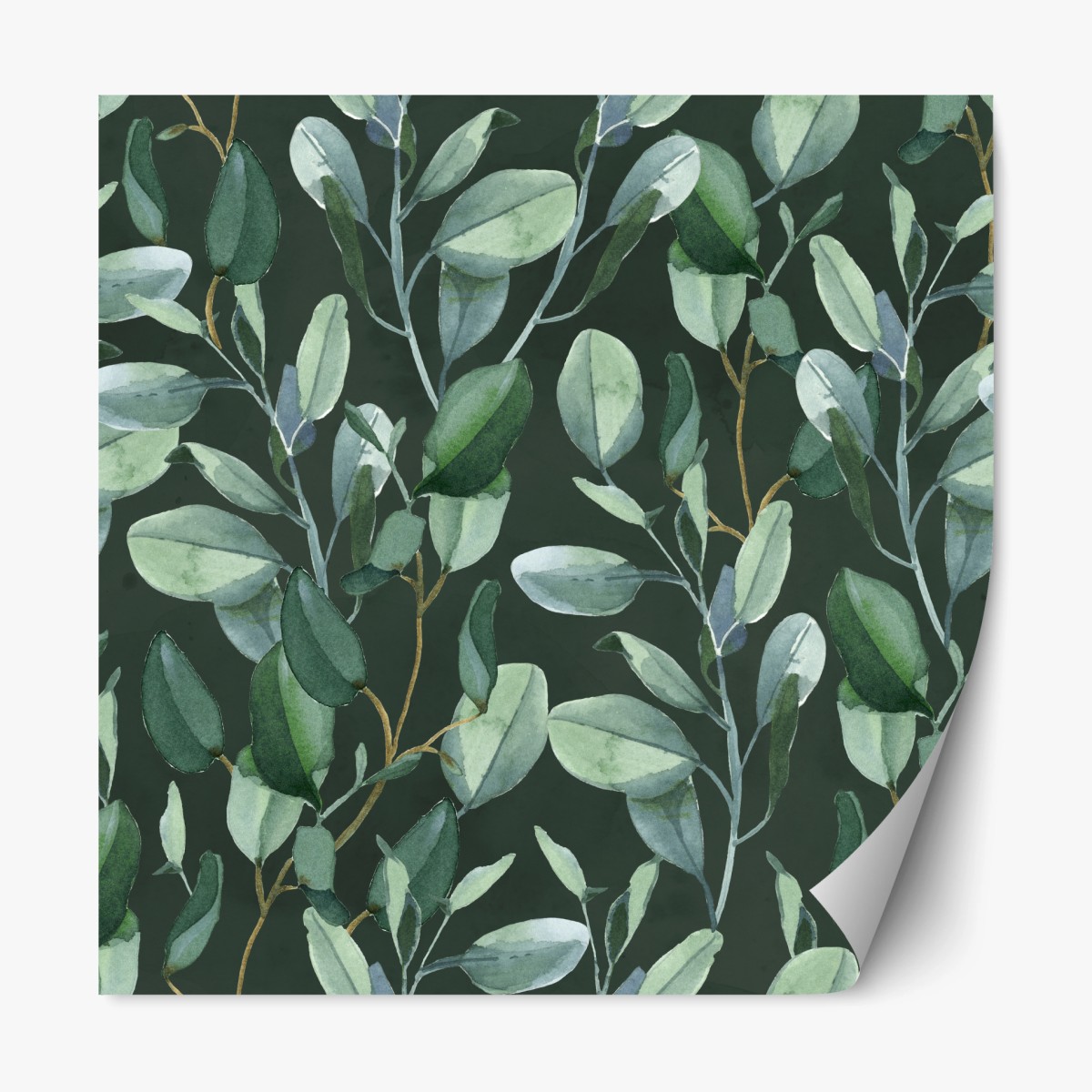 Naklejka repozycjonowalna wzór akwarelowy z liśćmi eukaliptusa na ciemnozielonym tle – Wallissimo®