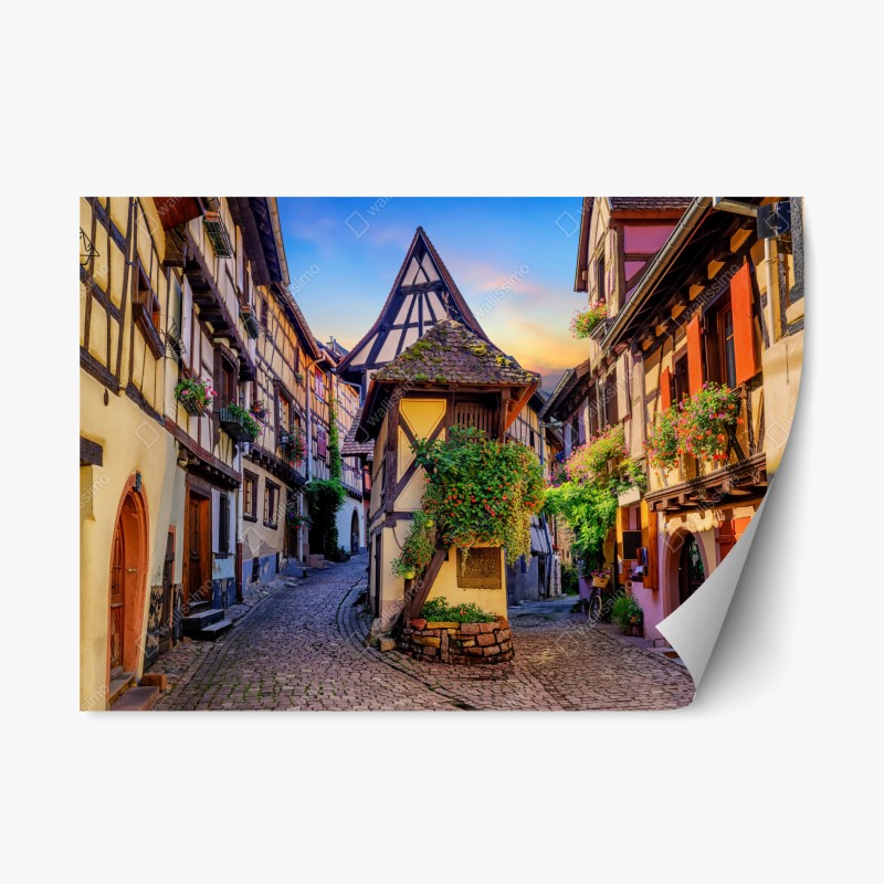 Naklejka repozycjonowalna urokliwa ulica domów szachulcowych w Eguisheim, Alsacja