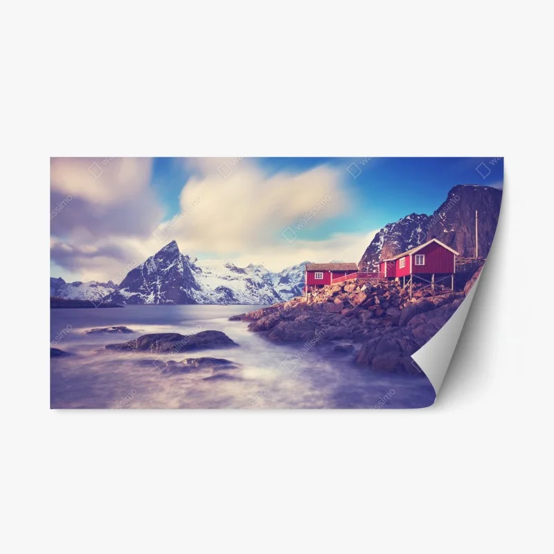 Naklejka repozycjonowalna górski nadmorski krajobraz z czerwonymi domkami