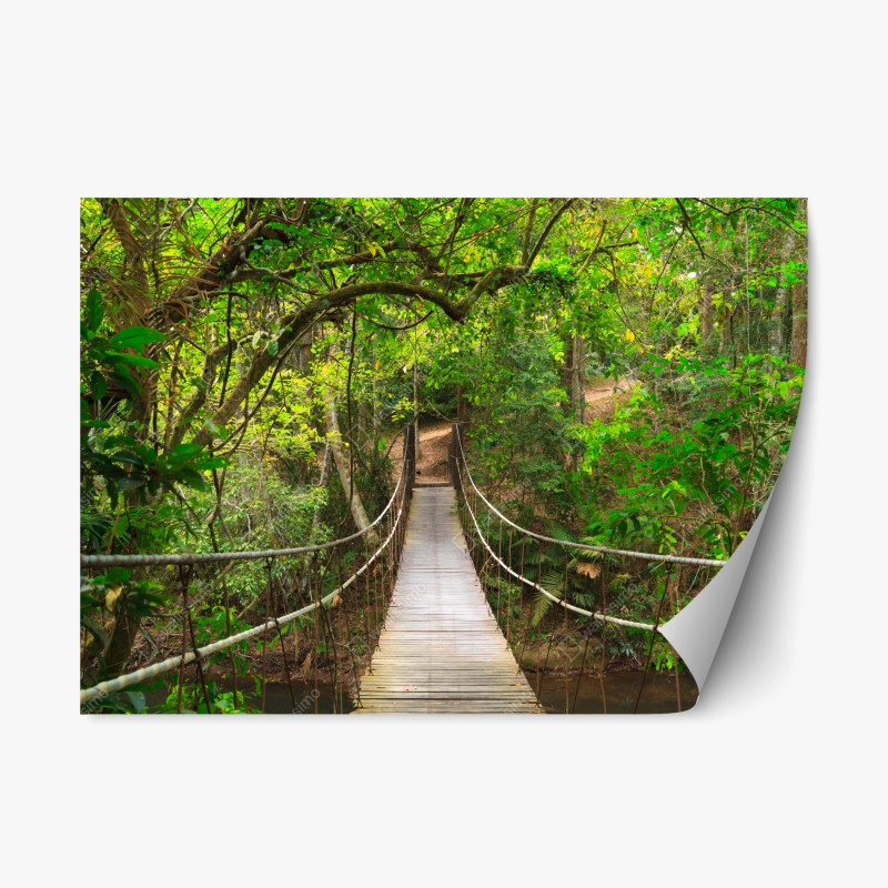 Naklejka repozycjonowalna wiszący drewniany most w zielonym lesie