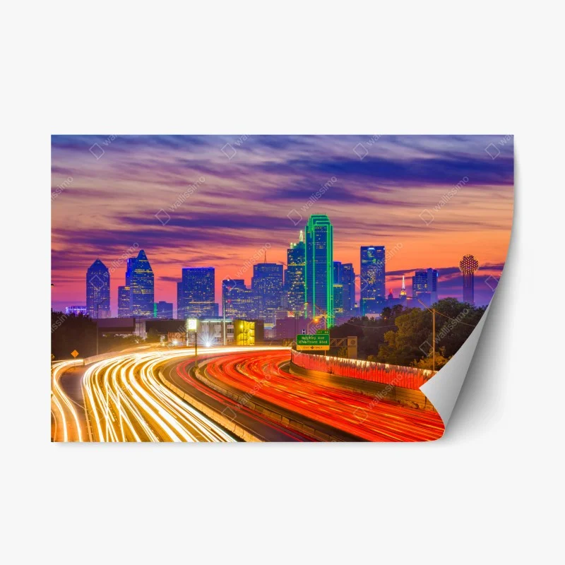 Naklejka repozycjonowalna panorama Dallas o zachodzie słońca z świetlnymi smugami autostrady