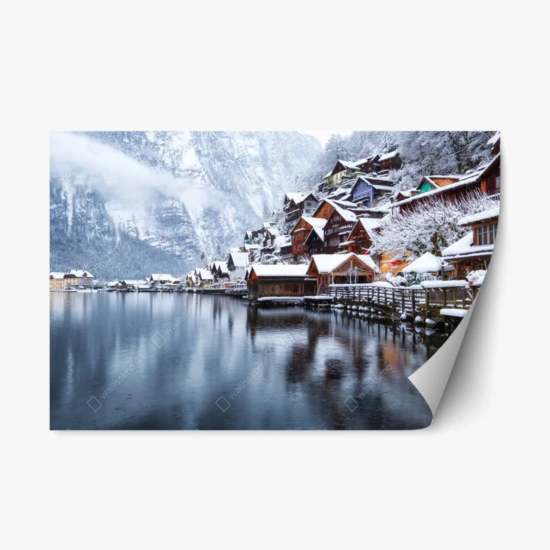 Naklejka repozycjonowalna śnieżna wieś Hallstatt nad jeziorem