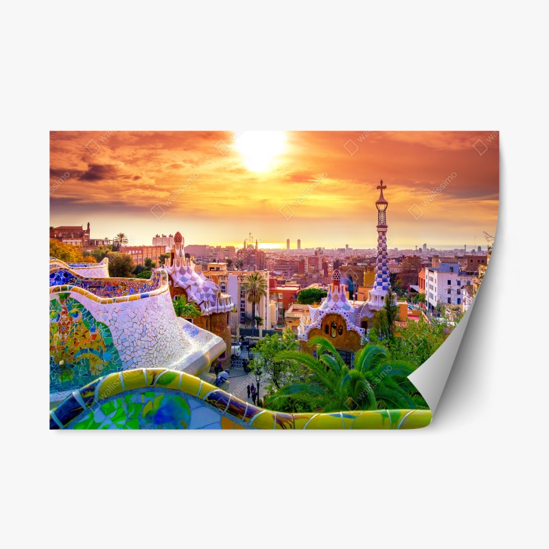 Naklejka repozycjonowalna zachód słońca nad Park Güell w Barcelonie