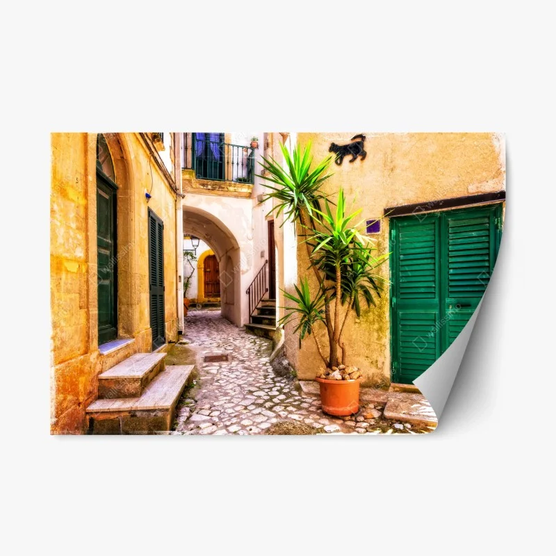 Naklejka repozycjonowalna słoneczna śródziemnomorska uliczka z zielonymi okiennicami