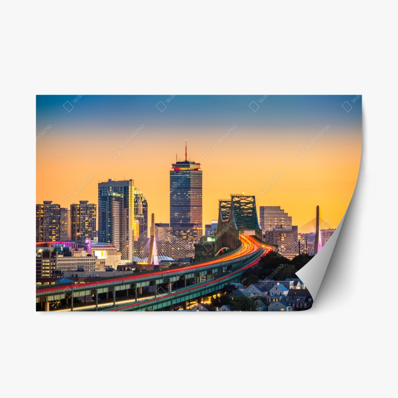 Naklejka repozycjonowalna panorama Bostonu o zachodzie słońca z mostami Zakim i Tobin