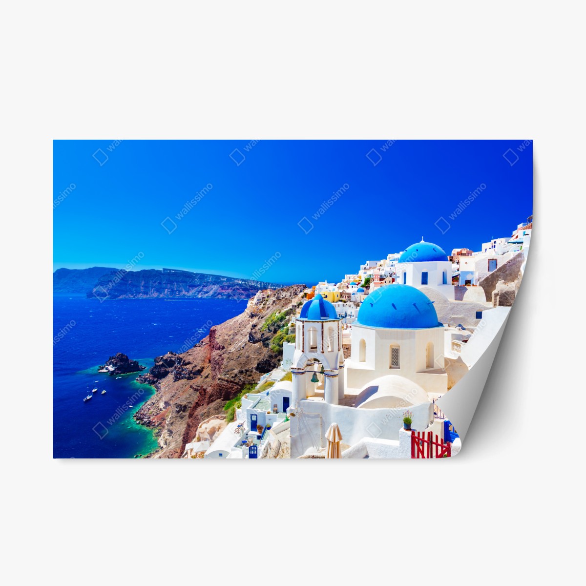 Naklejka repozycjonowalna Santorini niebieskie kopuły nad Morzem Egejskim – Wallissimo®