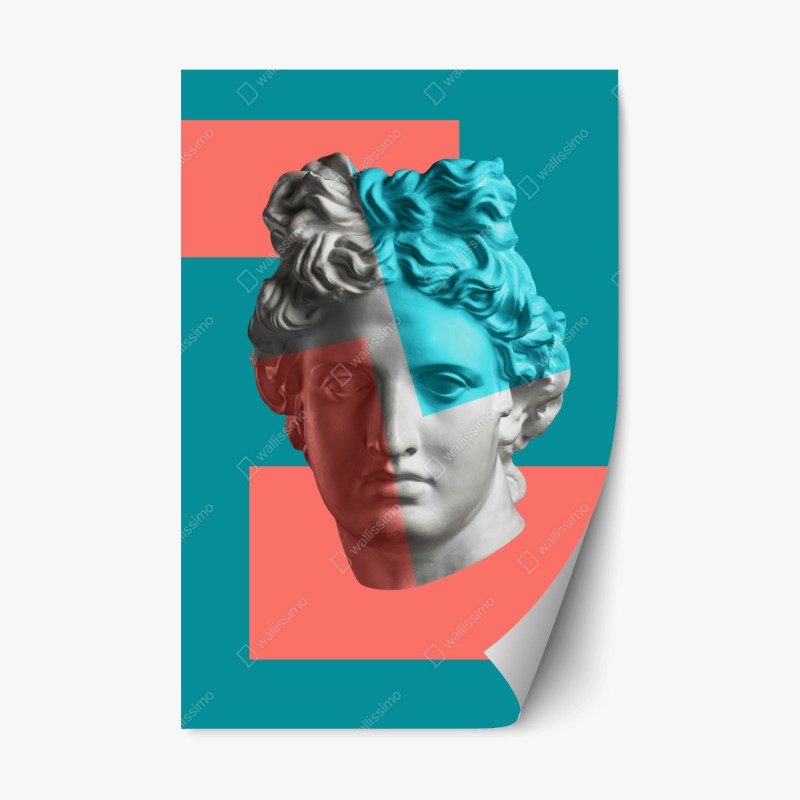 Naklejka repozycjonowalna duotonalna rzeźba głowy w kolażu