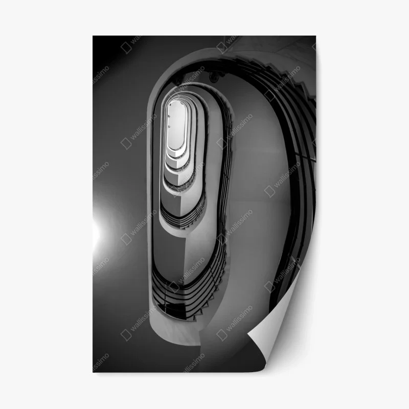 Naklejka repozycjonowalna spiralne schody w perspektywie czarno-białe