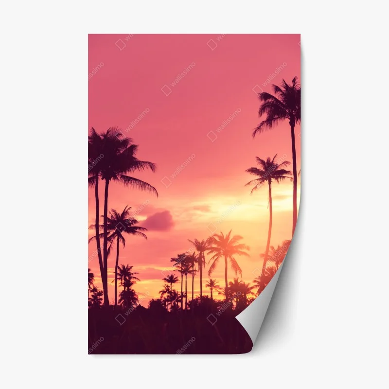 Naklejka repozycjonowalna różowy tropikalny zachód słońca z palmami