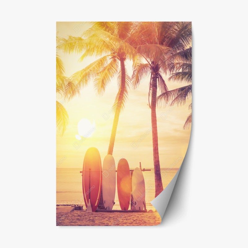 Naklejka repozycjonowalna tropikalny zachód słońca z deskami surfingowymi