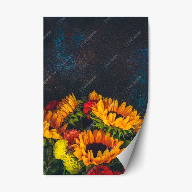 Naklejka repozycjonowalna żywy bukiet słoneczników na ciemnym tle