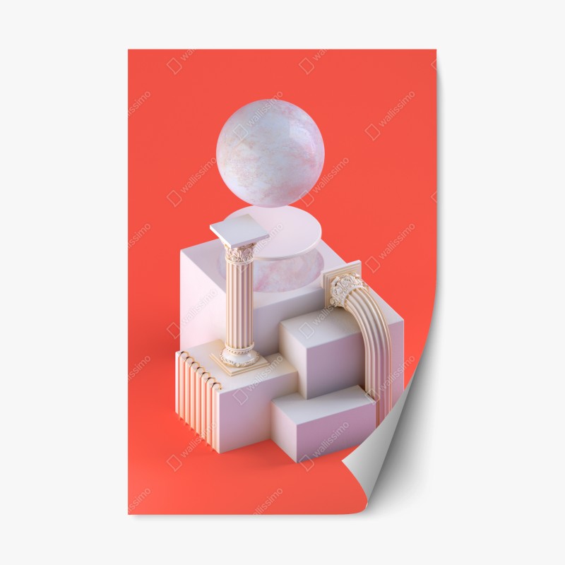 Naklejka repozycjonowalna marmurowa kula i klasyczne kolumny na pomarańczowym tle