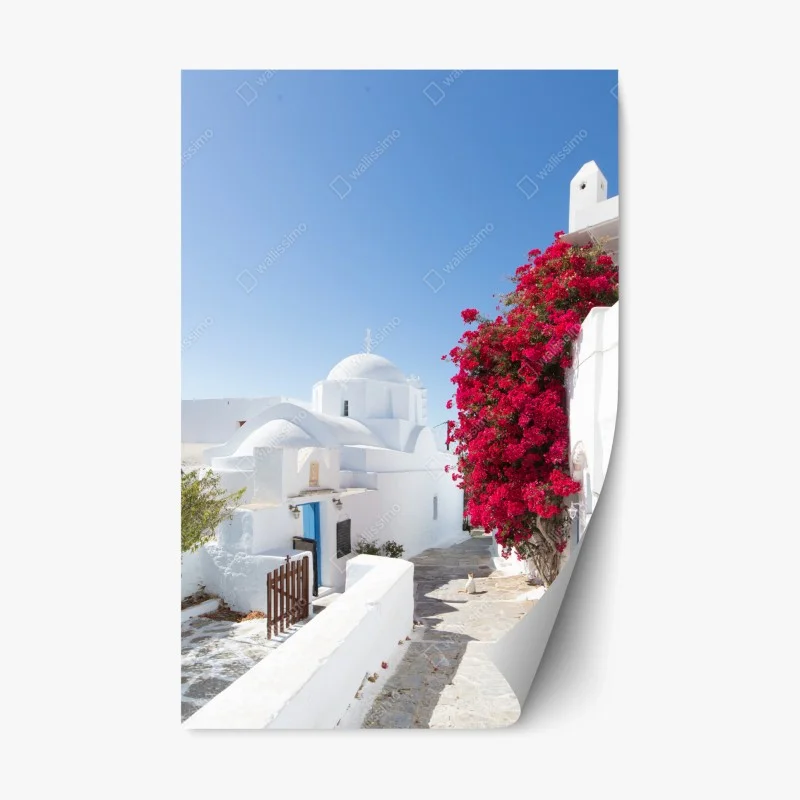 Naklejka repozycjonowalna słoneczna ulica wyspy z bujną bugenwillą