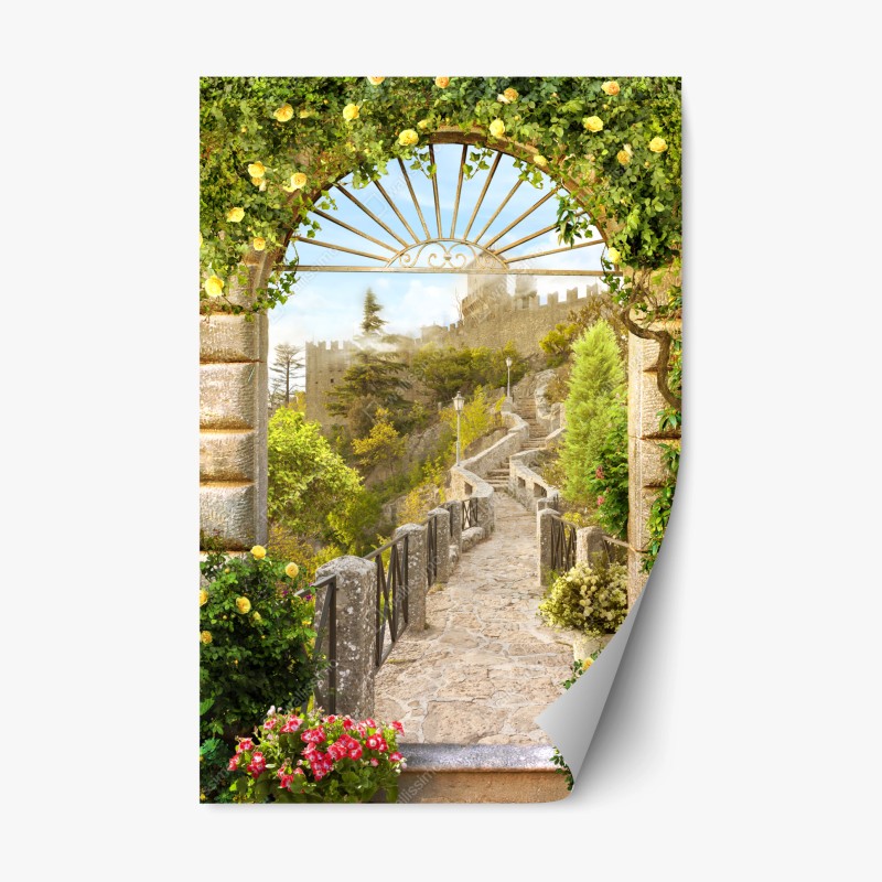 Naklejka repozycjonowalna słoneczna ścieżka ogrodowa prowadząca do zamku