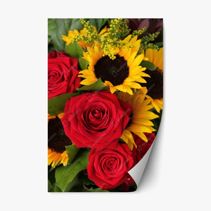 Naklejka repozycjonowalna czerwone róże i słoneczniki w bukiecie