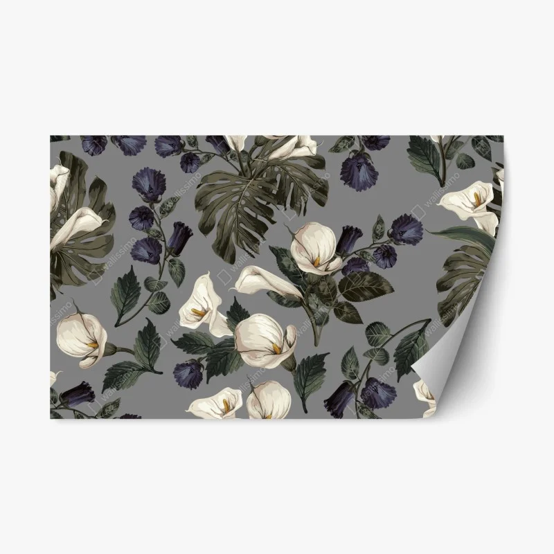 Naklejka repozycjonowalna botaniczny wzór: delikatne kalie i liście monstery na szarym tle