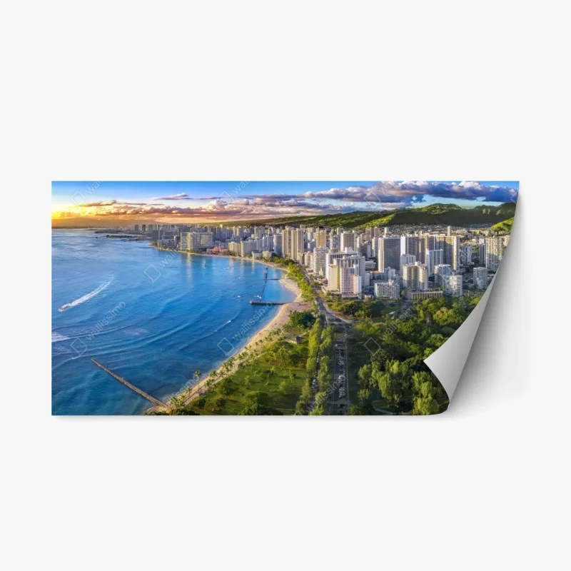 Naklejka repozycjonowalna panorama nadmorskiego miasta o zachodzie słońca