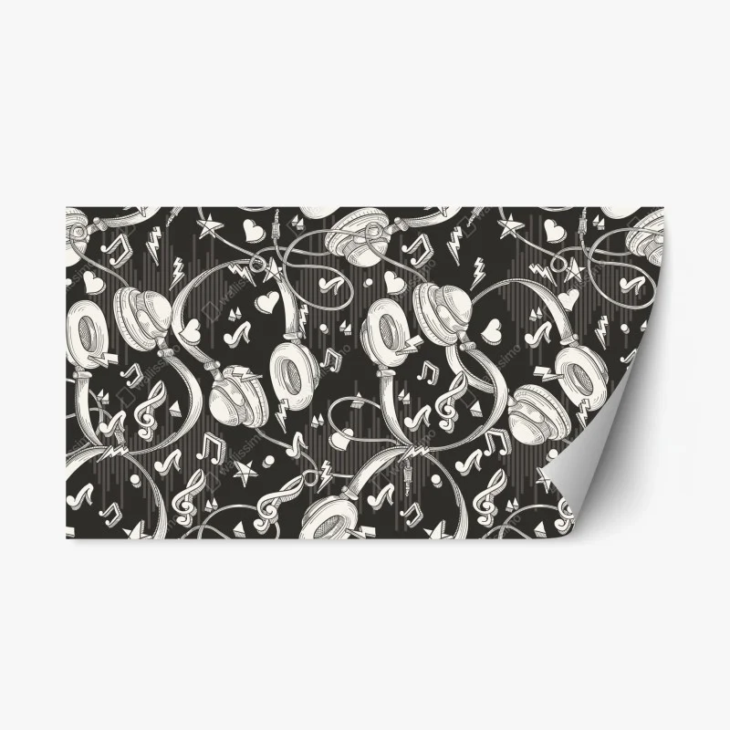 Naklejka repozycjonowalna monochromatyczny wzór słuchawek i nut