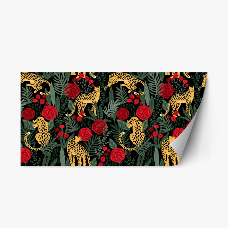 Naklejka repozycjonowalna złote gepardy i czerwone róże