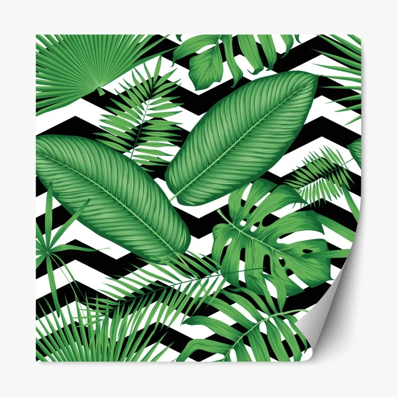 Naklejka repozycjonowalna tropikalne liście na zygzakowatym tle