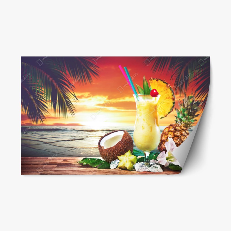 Naklejka repozycjonowalna tropikalny zachód słońca na plaży z koktajlem