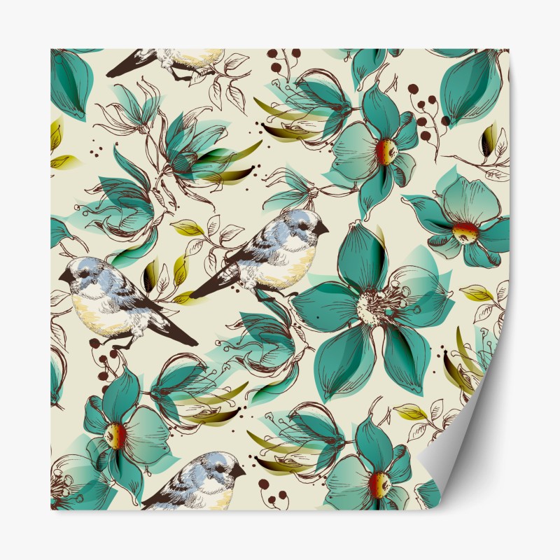 Naklejka repozycjonowalna retro miętowy wzór kwiatów i ptaków