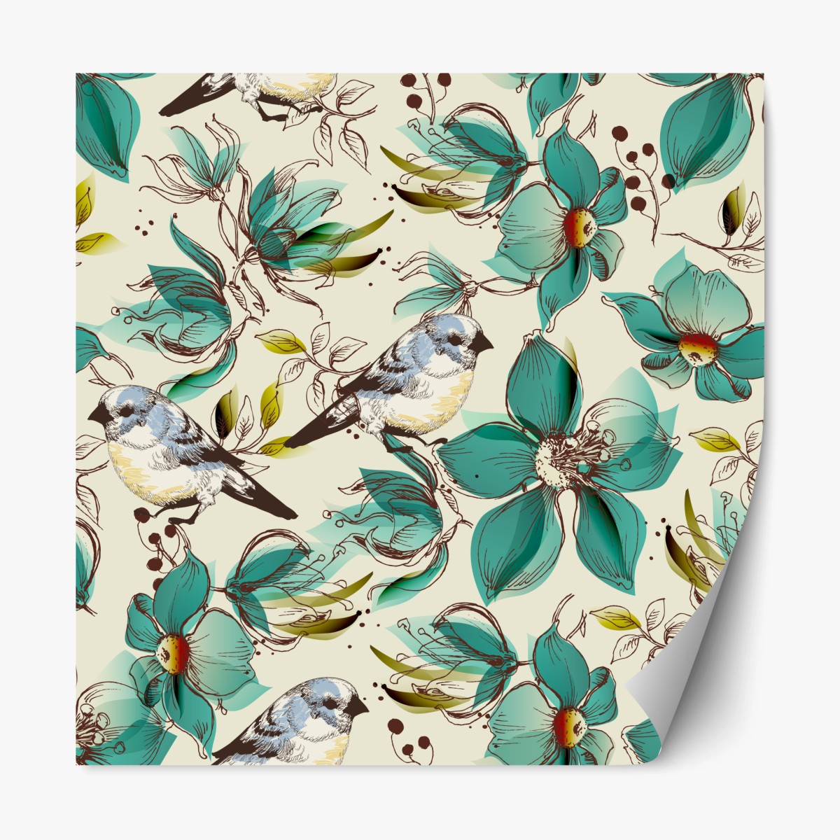 Naklejka repozycjonowalna retro miętowy wzór kwiatów i ptaków – Wallissimo®