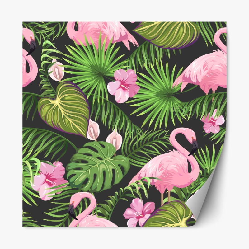 Naklejka repozycjonowalna różowy wzór z flamingami i tropikalnymi liśćmi