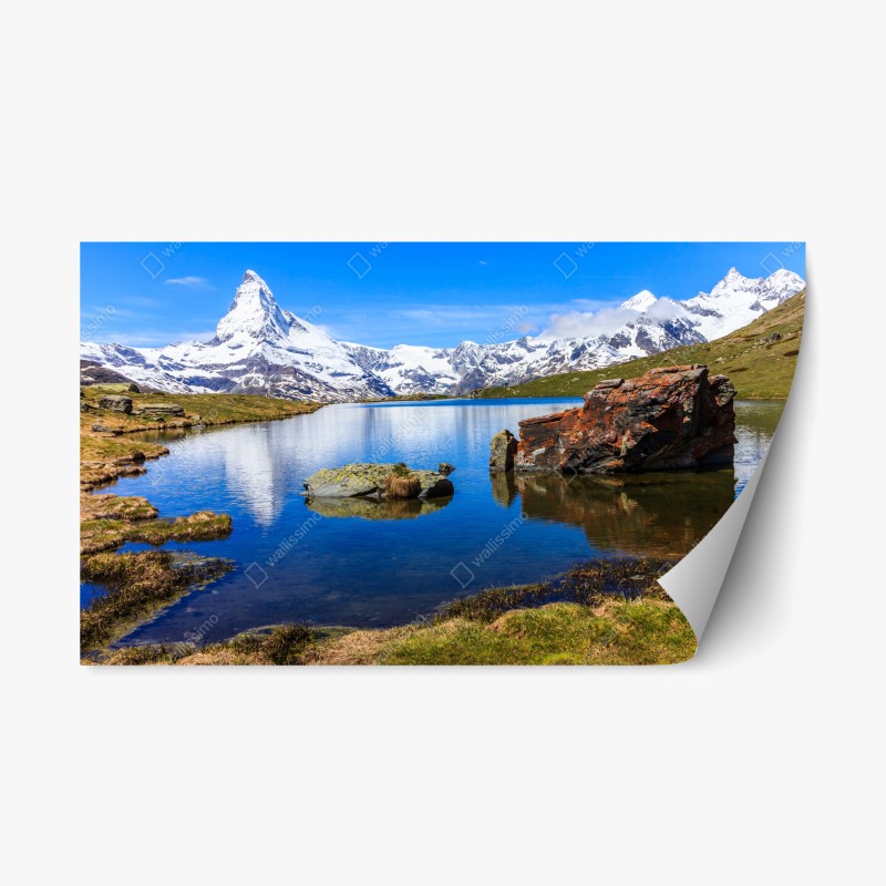 Naklejka repozycjonowalna spokojne odbicie Matterhornu nad jeziorem Stellisee, Zermatt