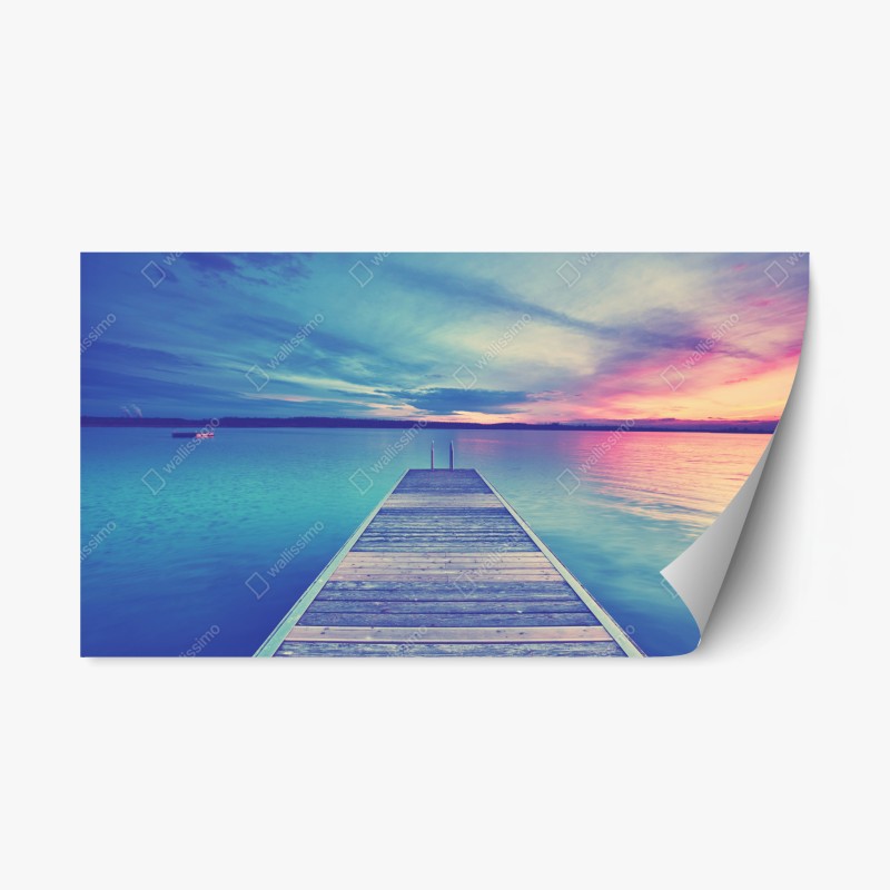 Naklejka repozycjonowalna pastelowy pomost nad jeziorem o zachodzie słońca