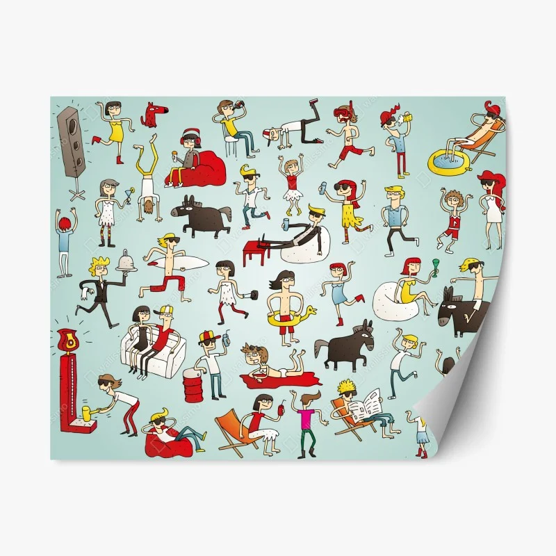 Naklejka repozycjonowalna zabawna scena z postaciami na turkusowym tle